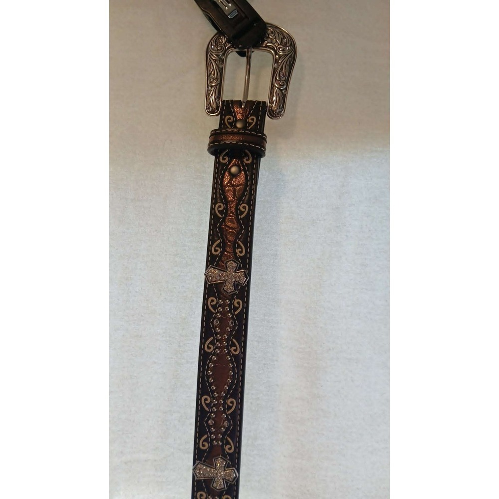 Western Cross Rhinestone Studded Brown Belt Engraved Silver Buckle Size 30